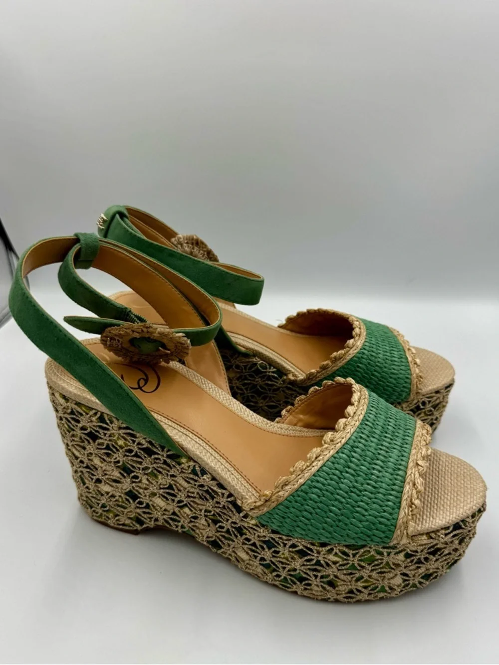Sam Edelman Amber Green Raffia Platform Wedge Sandals Size 9 Summer New in Box